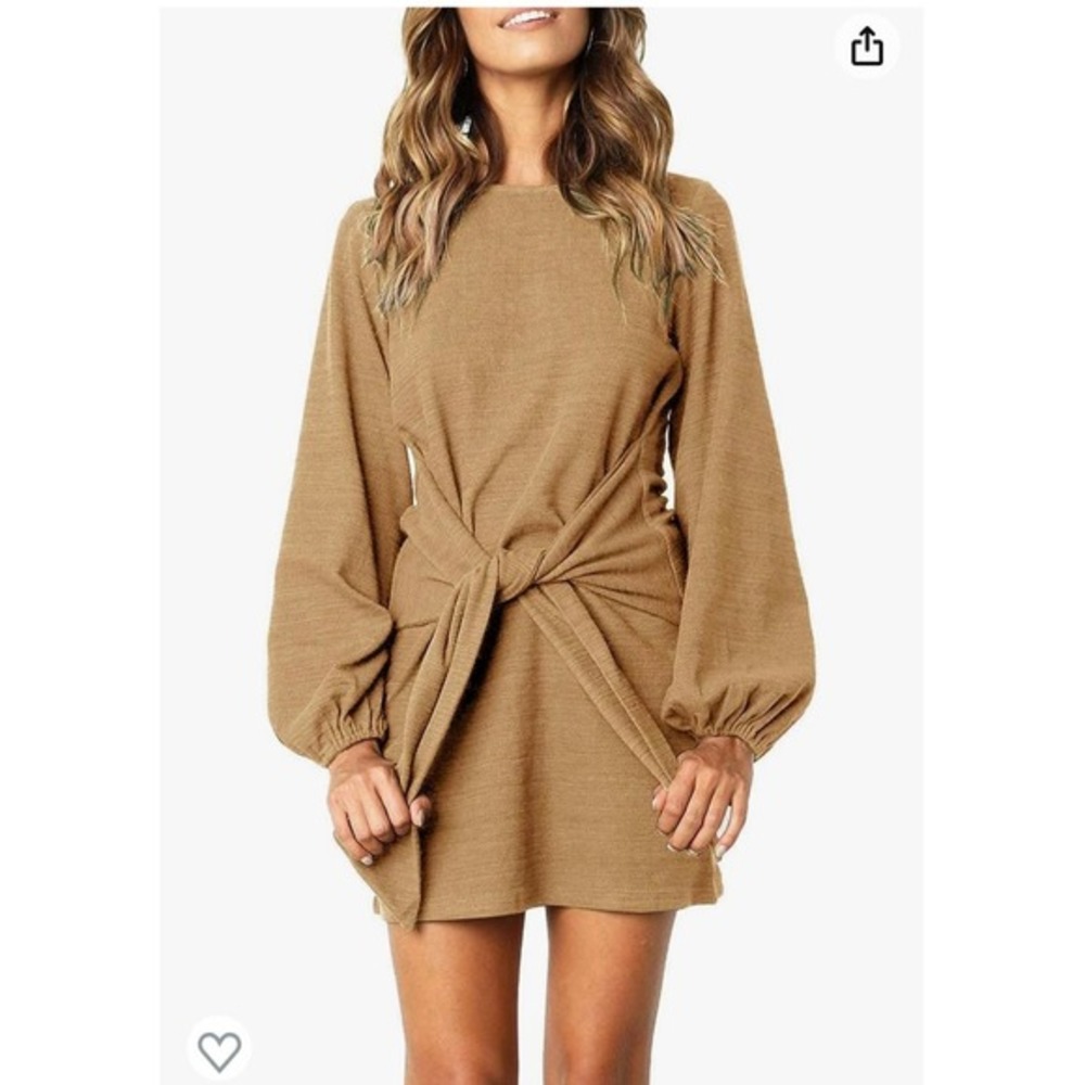 R. Vivimos Camel Brown Long Sleeve Tie Front Mini Dress